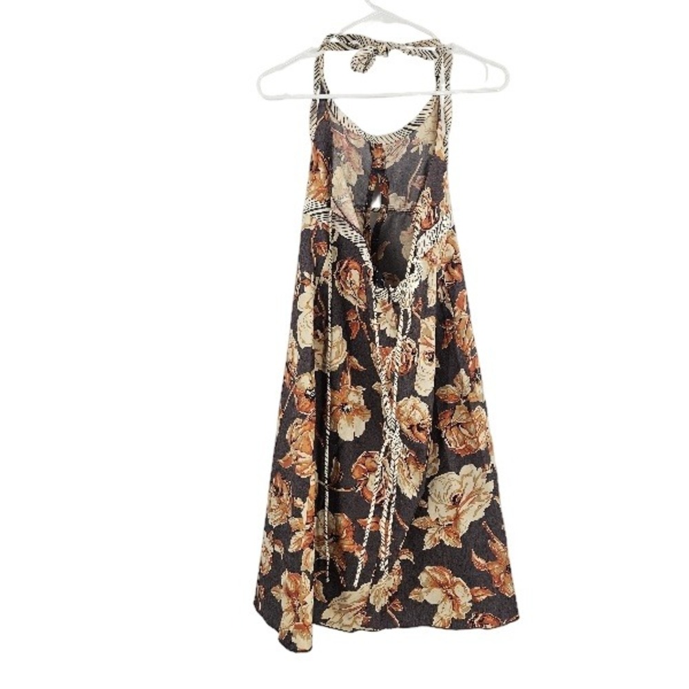Vintage Y2k Hype Mini Dress Orange Cream Floral Halter Tie Open Back Boho Sz 8